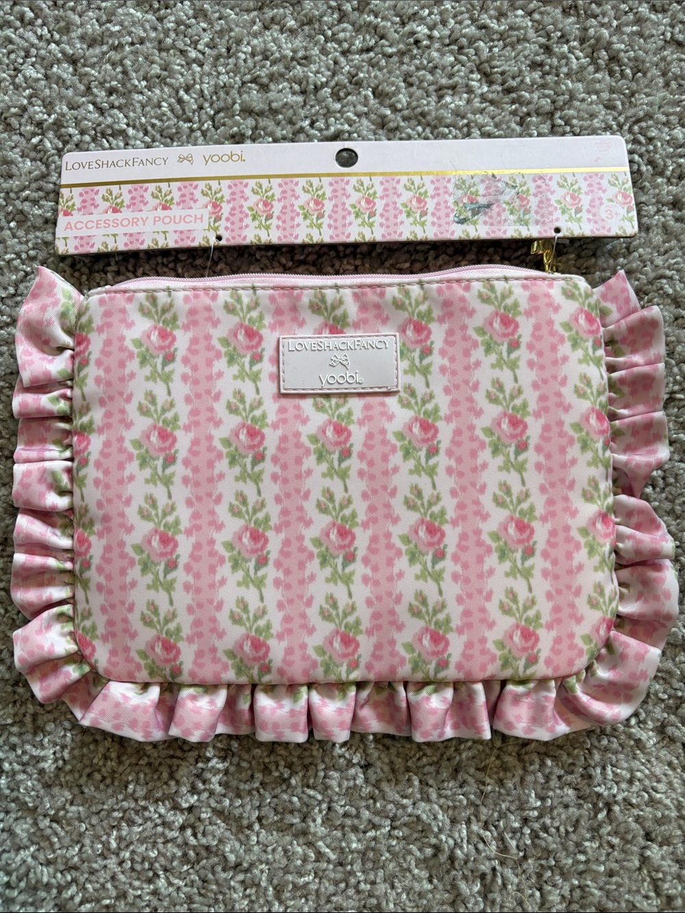 LoveShackFancy Pink Rose-Print Ruffle Accessory Pouch